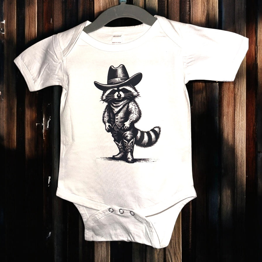 Raccoon Cowboy - White Short Sleeved Onesie