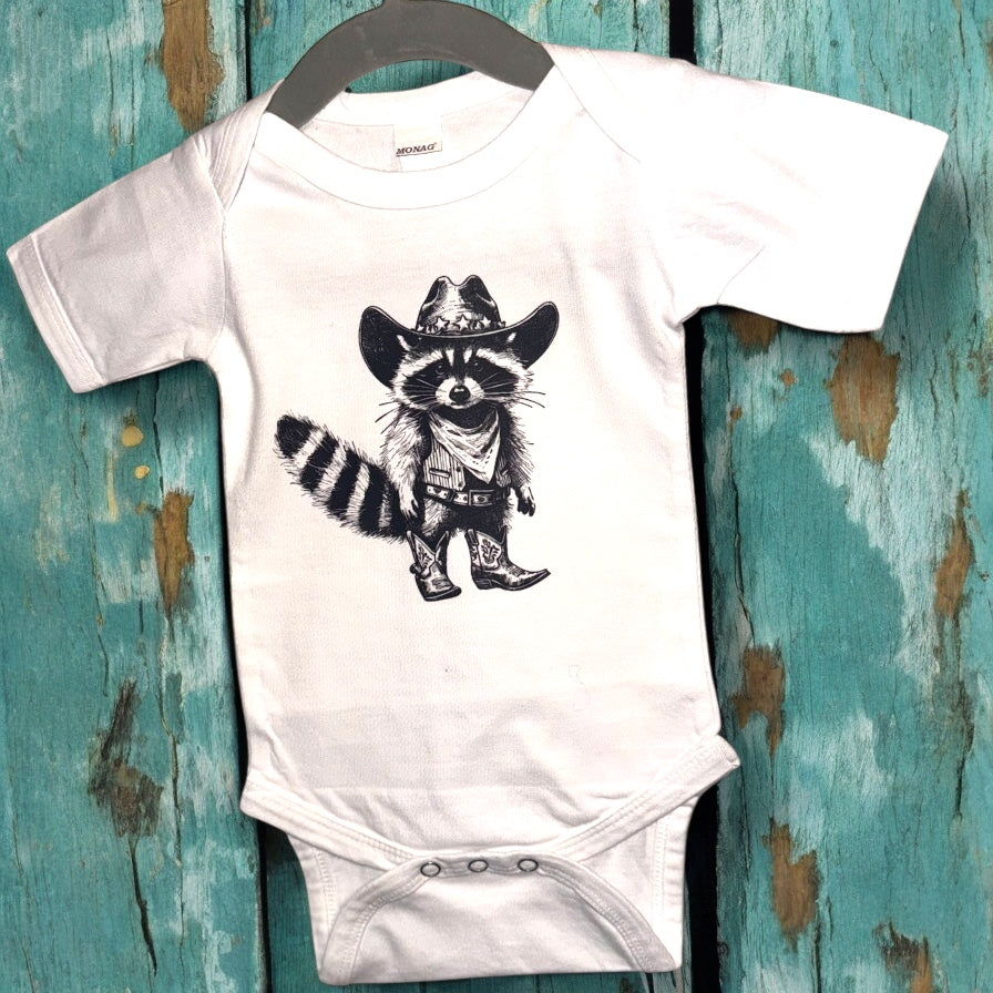 Raccoon Cowboy - White Short Sleeved Onesie