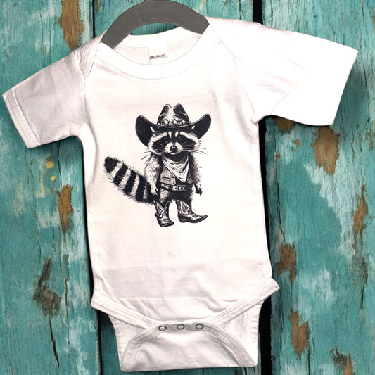 Raccoon Cowboy - White Short Sleeved Onesie